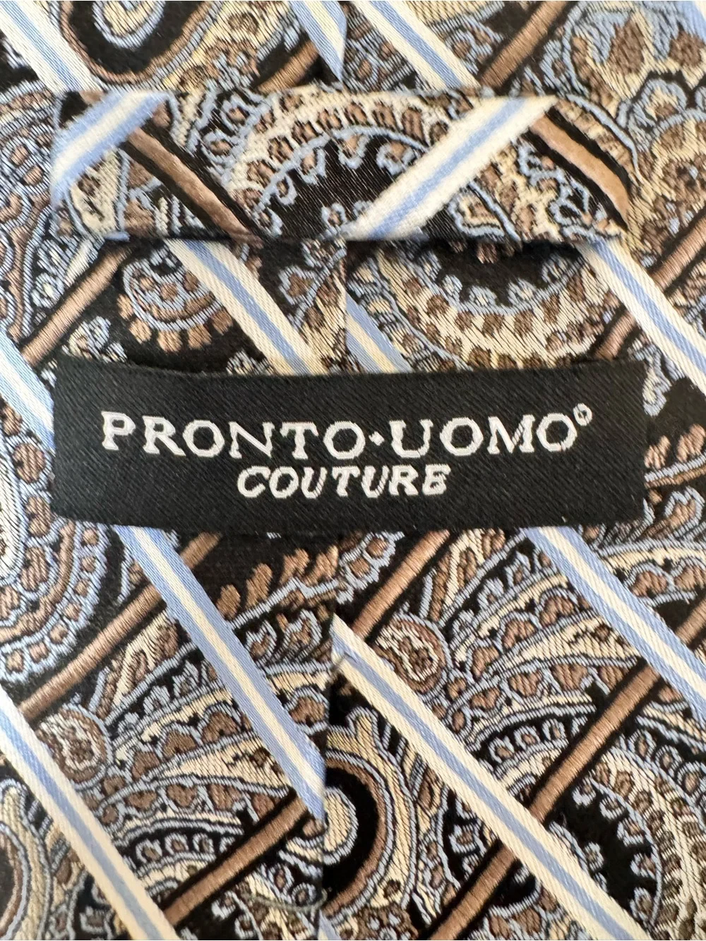 Pronto Uomo Men’s Necktie Black, Brown & Light Blue Paisley Silk Tie